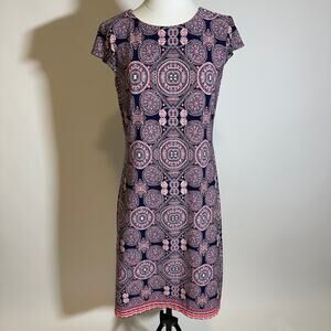 Liz Claiborne Navy Pink‎ Coral Medallion Cap Sleeve Dress Stretch Womens Size 8